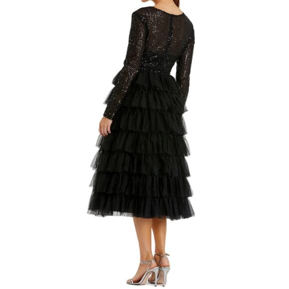 Ieena for Mac Duggal Black Long Sleeve Ruffle Tiered Midi Dress Women’s Sz 8 - Picture 4 of 9